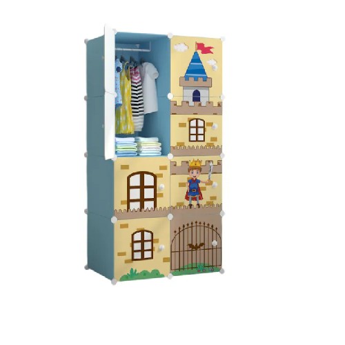 Dulap modular pentru copii, AT PERFORMANCE®, 8 rafturi, durabil, 76X37X147 cm, albastru, castel, print